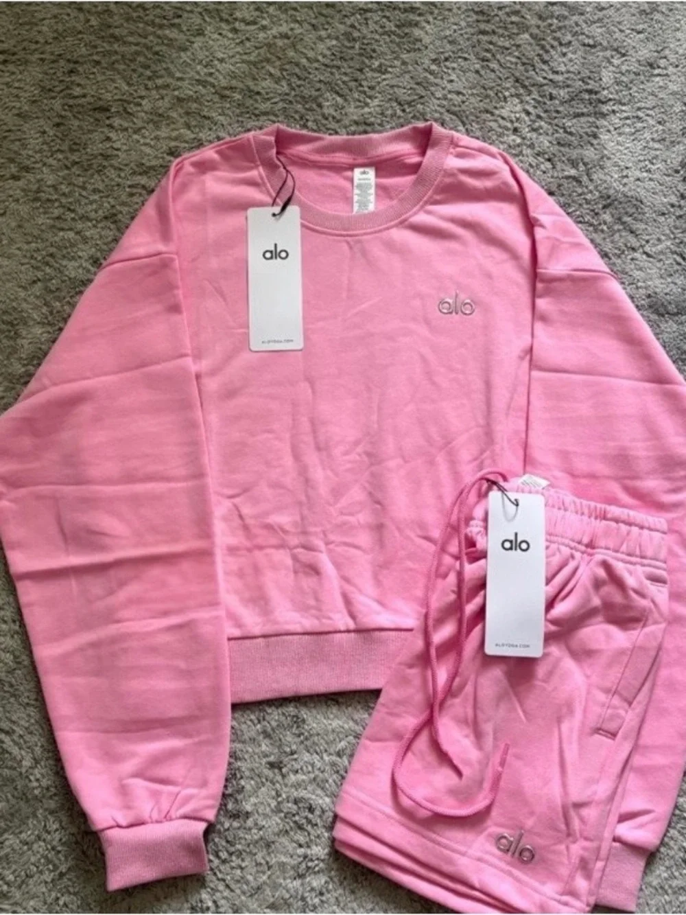 ALO Yoga Pink Set - Crewneck Sweatshirt & Shorts